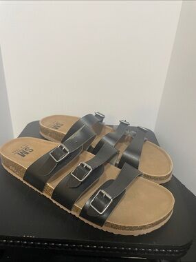 SM New York Black Triple Buckle Cork Footbed Sandals